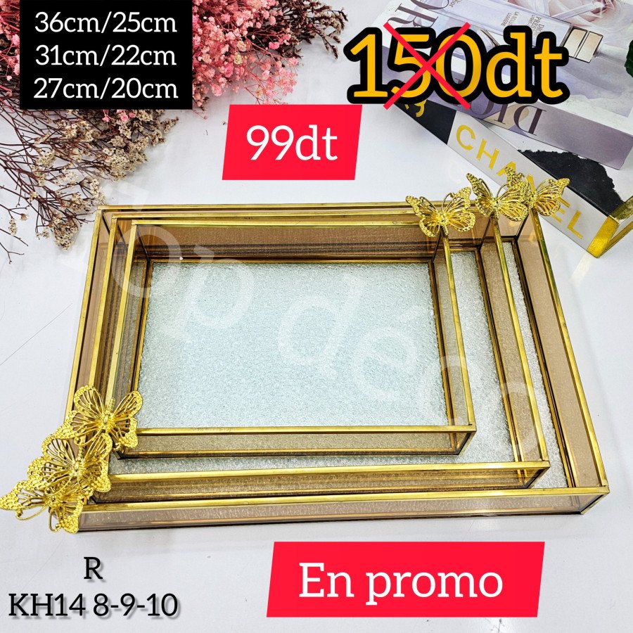 Plateaux 3 Pièces en Verre et Métal Inoxydable KH14