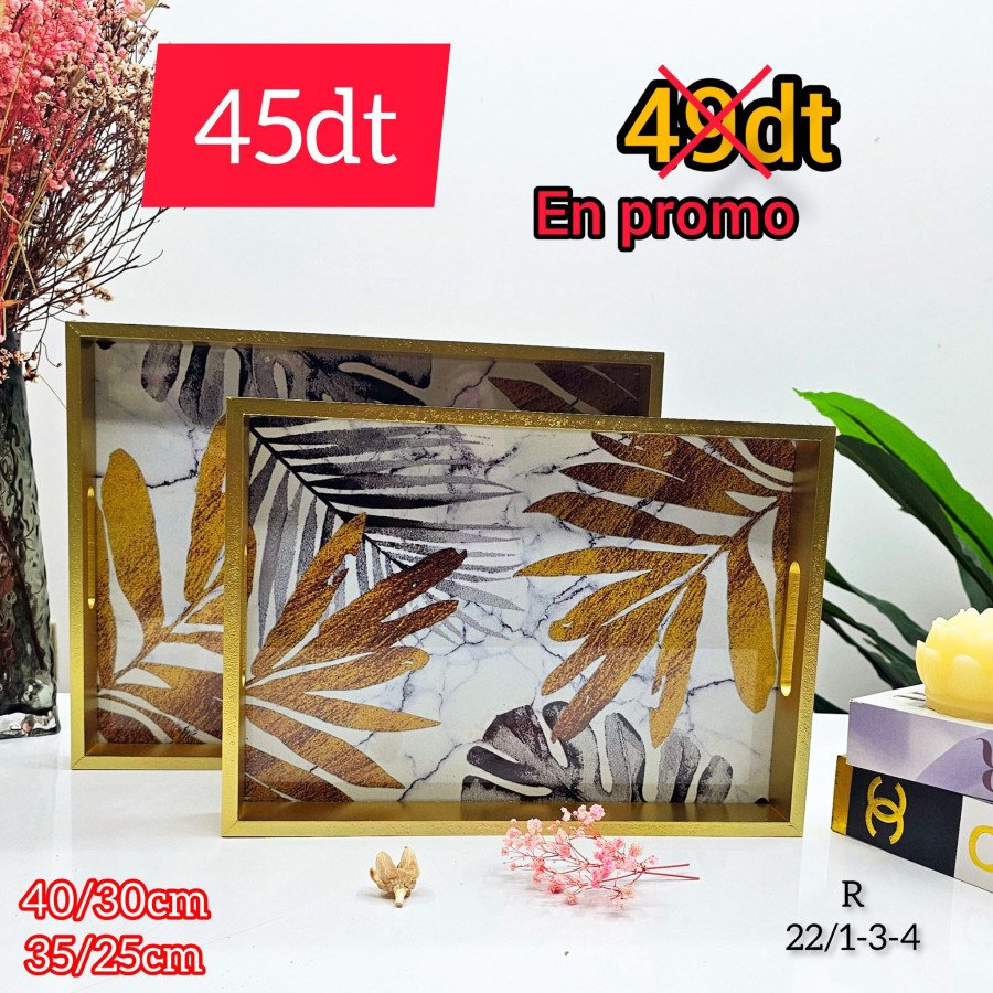 Plateaux 2 Pièces en Bois et Verre Doré