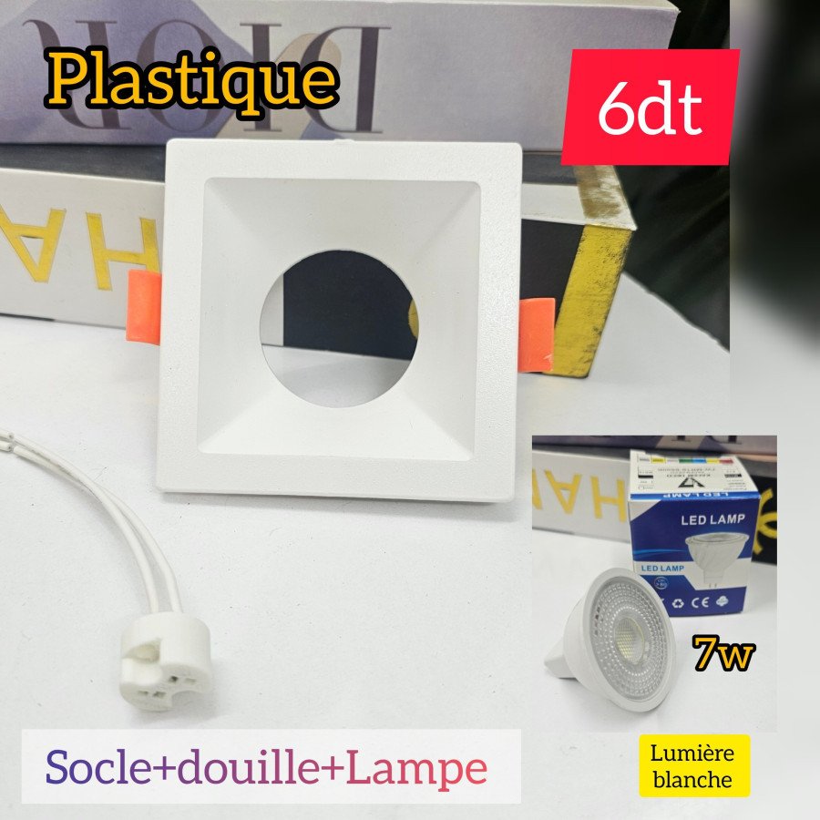 Socle en plastique carré avec douille + lampe LED