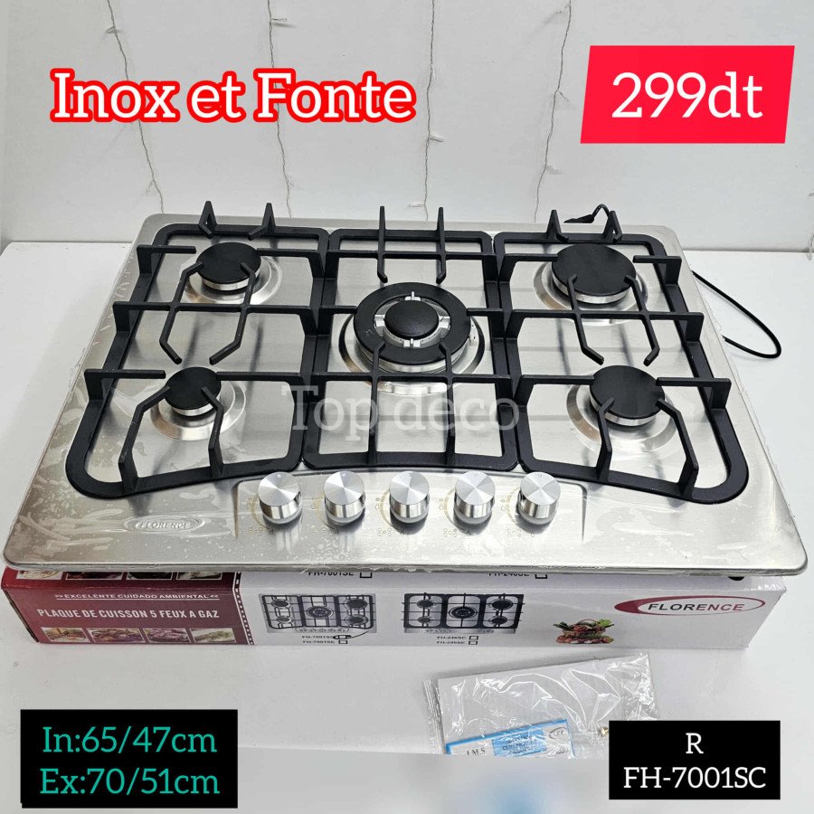 SOGELUX Plaque gaz 5 feux PC519NF 70cm table de cuisson en verre noir
