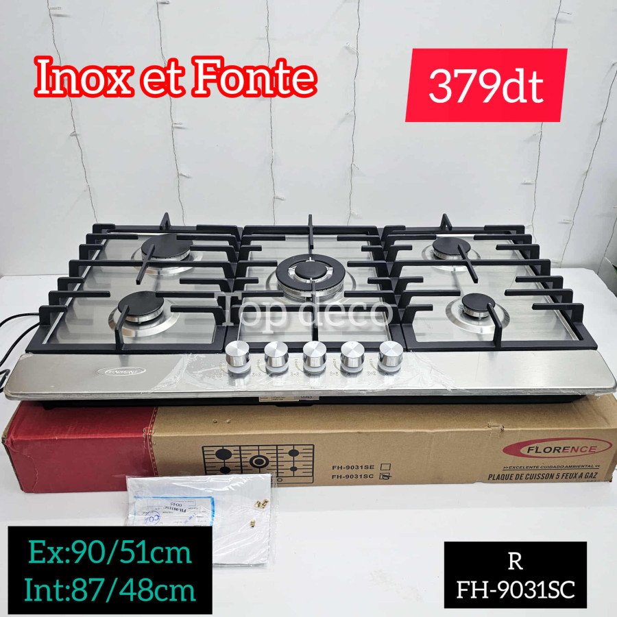 Plaque à Gaz 5 feux Inox et Fonte Florence  90CM