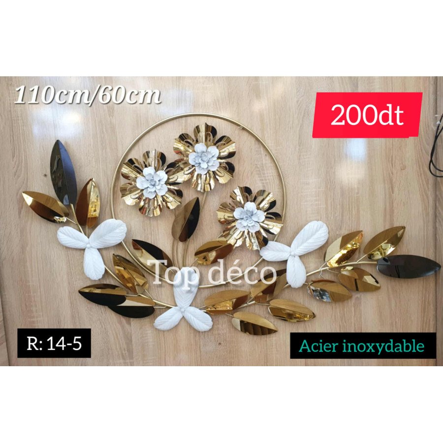 Décoration murale florale dorée et blanche – Acier inoxydable 110×60 cm 14-5