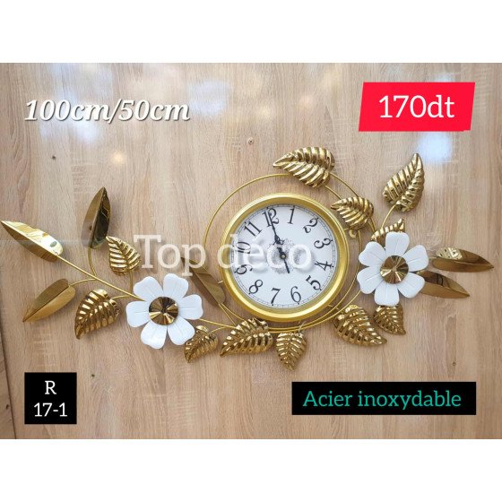Horloge murale florale dorée et blanche – Acier inoxydable 100×50 cm 17-1
