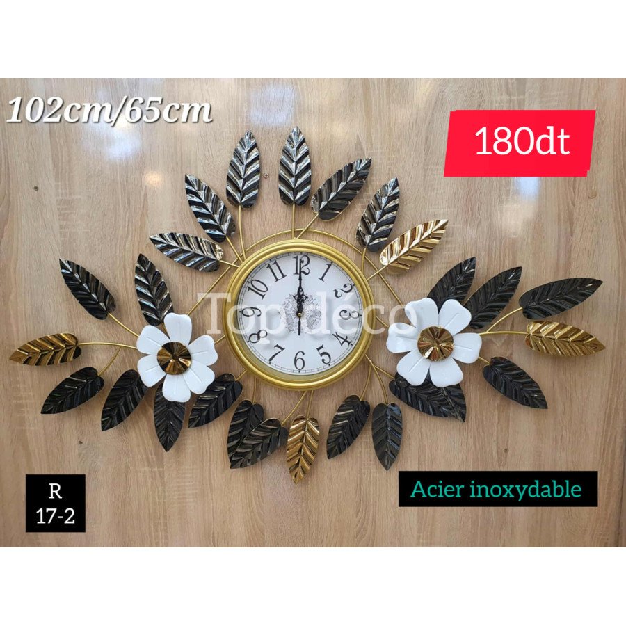Horloge murale florale dorée et noire – Acier inoxydable 102×65 cm 17-2