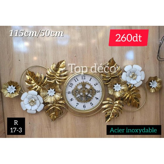 Horloge murale florale dorée en acier inoxydable – 115×50 cm 17-3