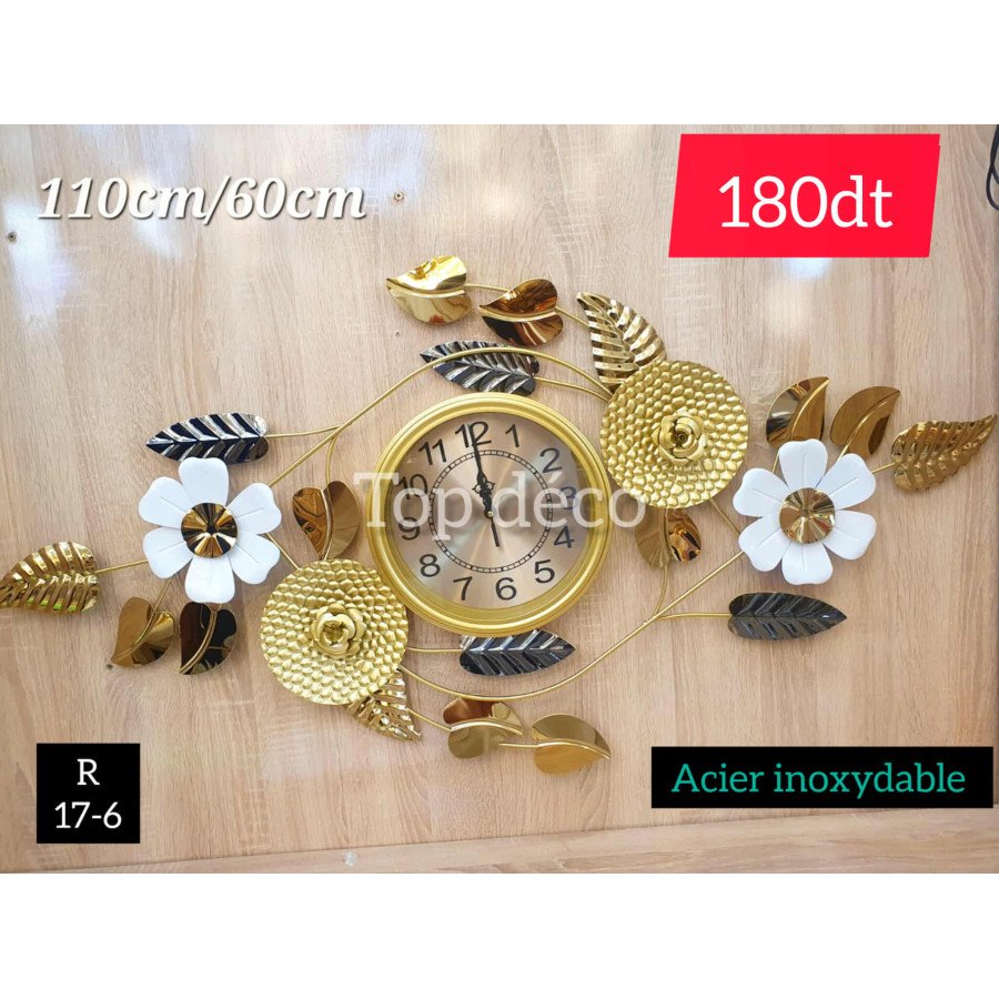 Horloge murale florale dorée – Acier inoxydable 110 × 60 cm 17-6