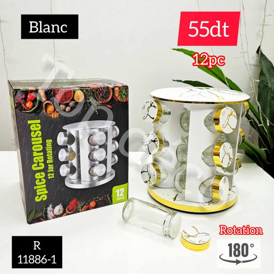 Porte-épices rotatif 12 bocaux – blanc marbré et doré – R 11886-1