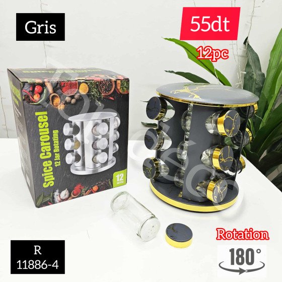 Porte-épices rotatif 12 bocaux – gris marbré et doré – R 11886-4