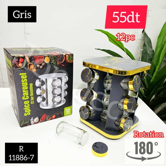 Porte-épices rotatif 12 bocaux – gris marbré et doré – R 11886-7