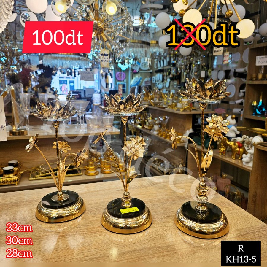 Set de 3 bougeoirs dorés avec fleurs et cristal – Design floral élégant – KH13-5