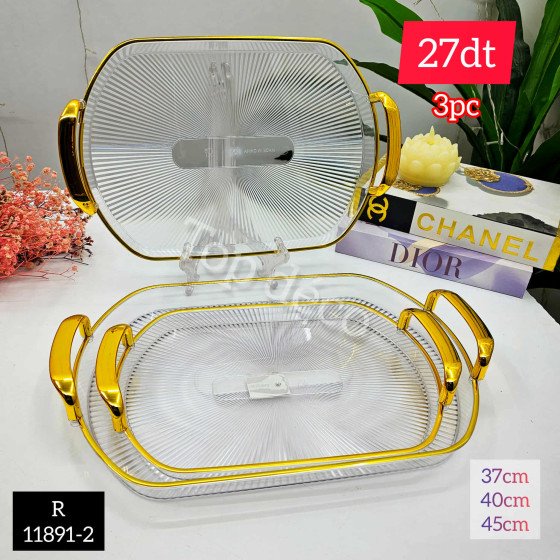 Set de 3 plateaux décoratifs transparents – Design élégant avec poignées dorés – R11891-2