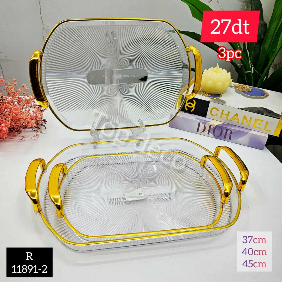 Set de 3 plateaux décoratifs transparents – Design élégant avec poignées dorés – R11891-2