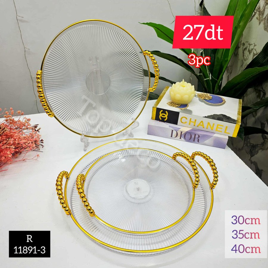 Set de 3 plateaux décoratifs transparents – Design élégant avec poignées dorés – R11891-3
