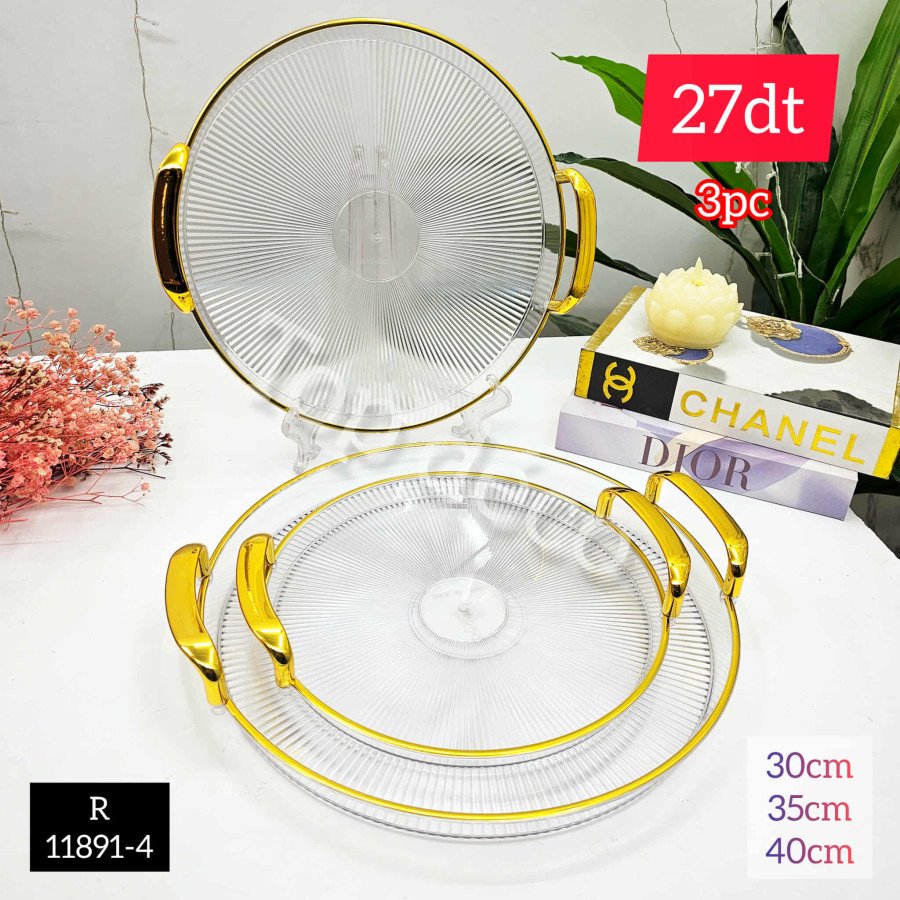 Set de 3 plateaux décoratifs transparents – Design élégant avec poignées dorés – R11891-4