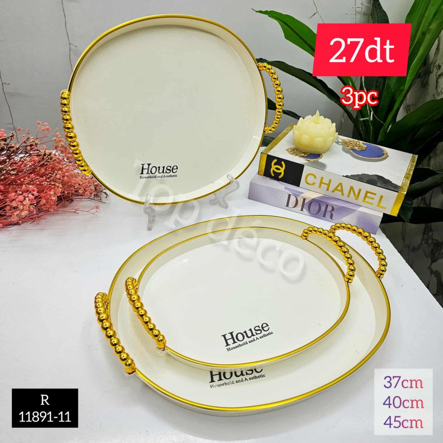Set de 3 plateaux décoratifs blanc et dorés – Design élégant avec poignées dorés – R11891-11