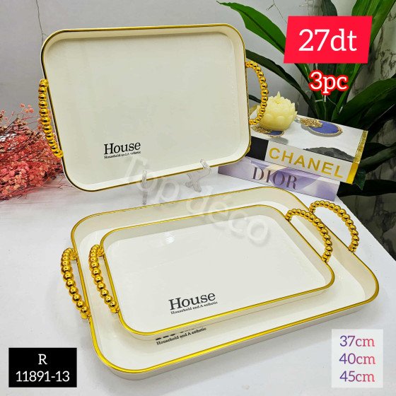 Set de 3 plateaux décoratifs blanc et dorés – Design élégant avec poignées dorés – R11891-13