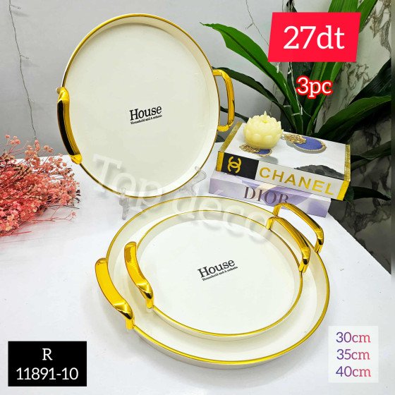 Set de 3 plateaux décoratifs blanc et dorés – Design élégant avec poignées dorés – R11891-10