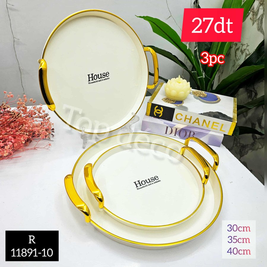 Set de 3 plateaux décoratifs blanc et dorés – Design élégant avec poignées dorés – R11891-10