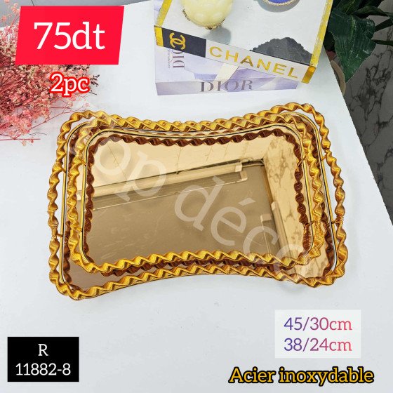 Set de 2 plateaux miroir dorés incurvés – Acier inoxydable – R11882-8