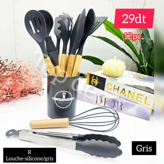 Set ustensiles de cuisine 12 pièces – Louche silicone manche bois – Gris