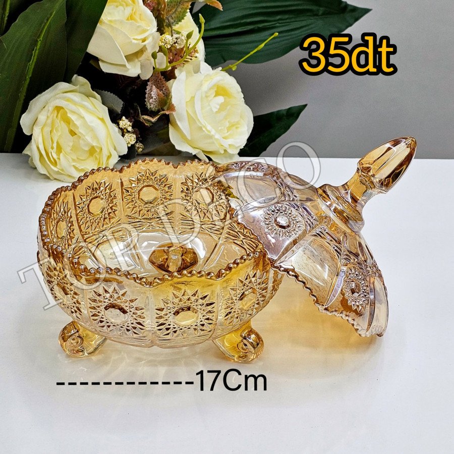 Bonbonnière ronde en verre sculpté avec couvercle – 17 cm – couleur ambrée