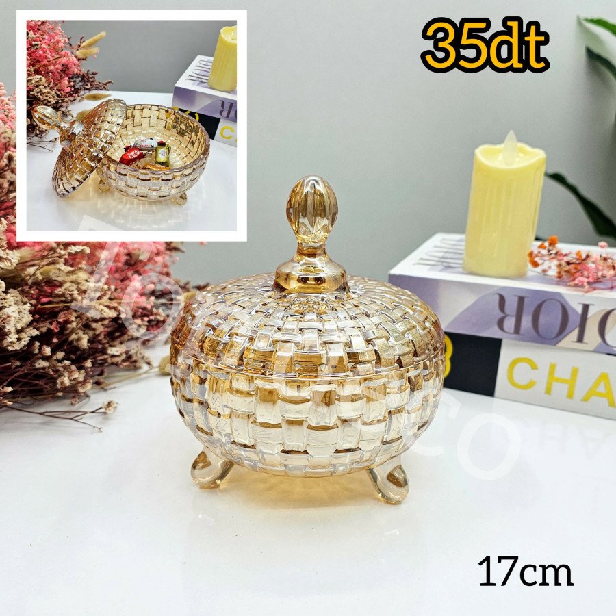 Bonbonnière ronde en verre tressé avec couvercle – 17 cm – couleur ambrée