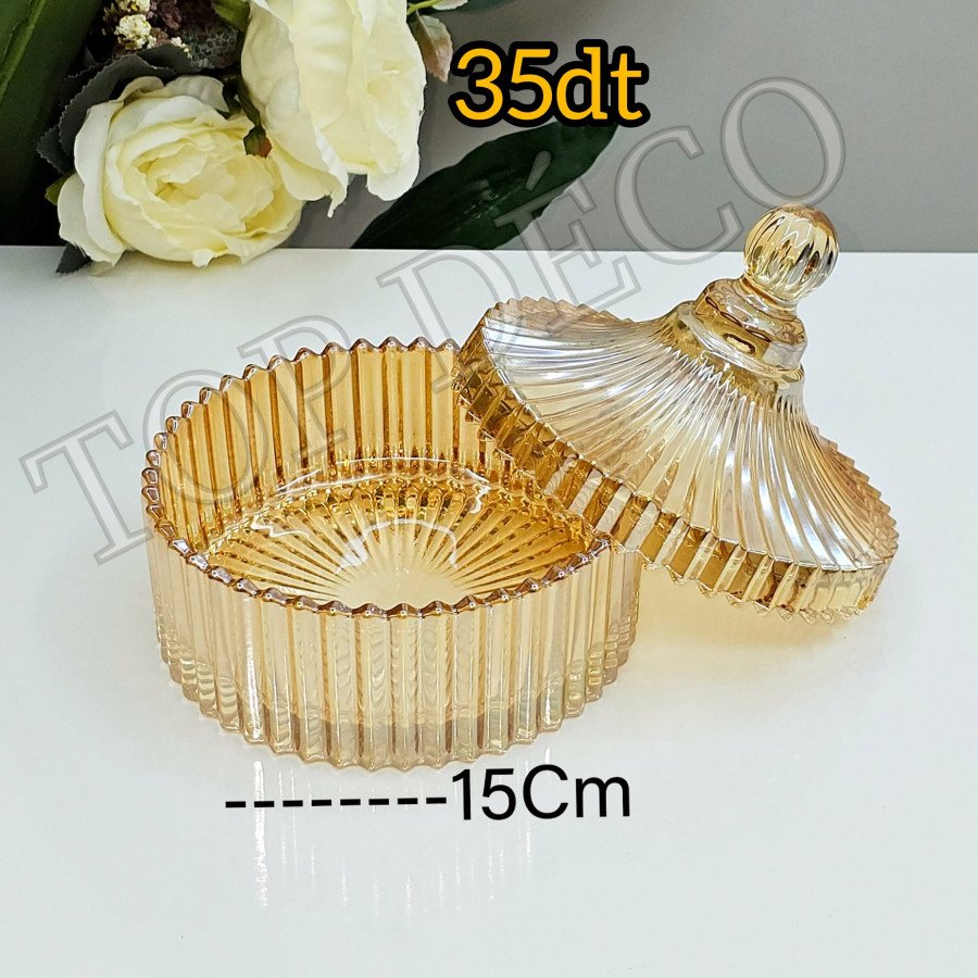 Bonbonnière cylindrique en verre cannelé avec couvercle – 15 cm – couleur ambrée