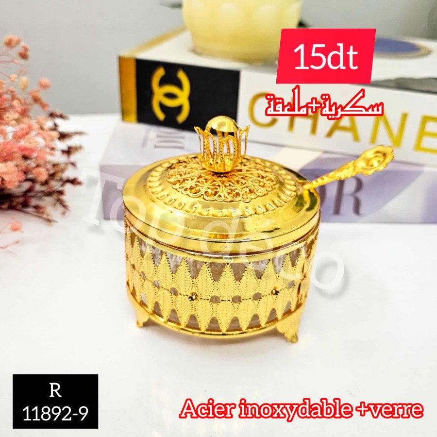 Sucrier doré en acier inoxydable et verre avec cuillère – Design oriental chic