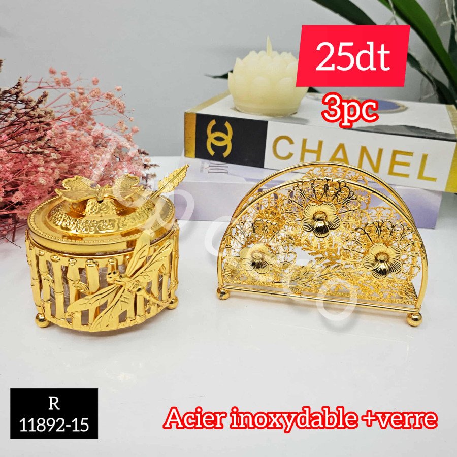 Coffret 3 pièces doré – sucrier, cuillère et porte-serviettes en acier inoxydable et verre 11892-15