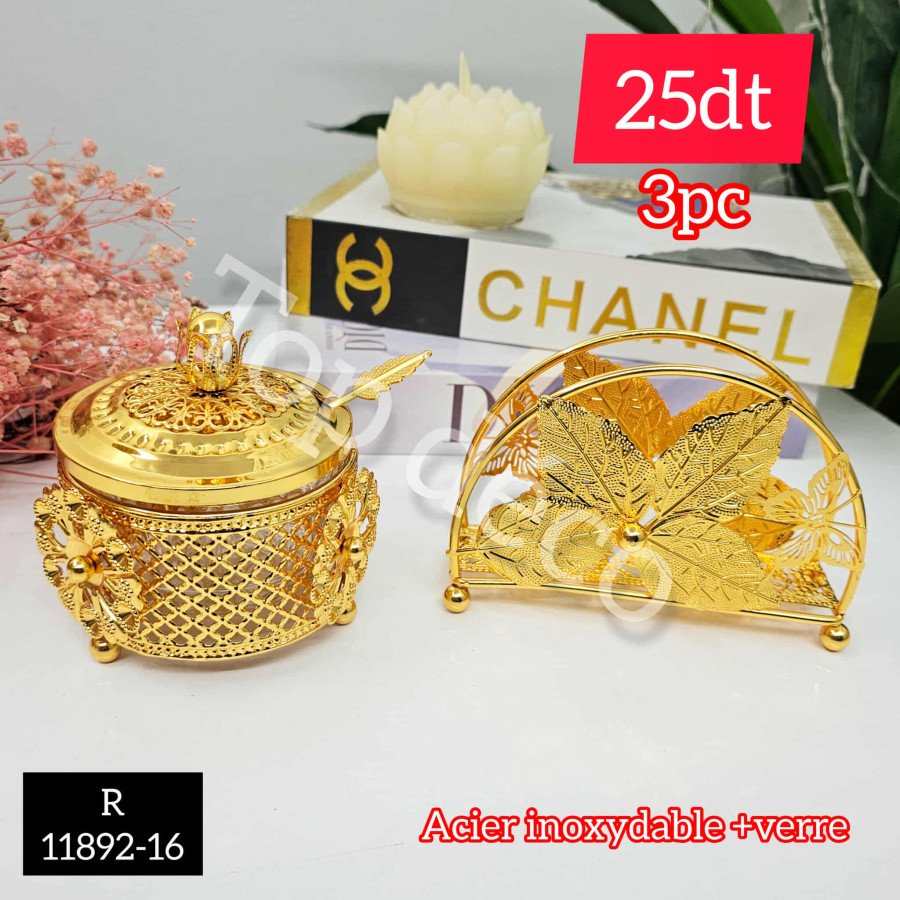 Coffret 3 pièces doré – sucrier, cuillère et porte-serviettes en acier inoxydable et verre 11892-16