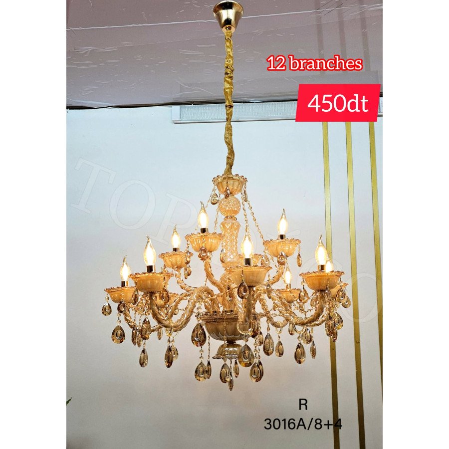 Lustre doré 12 branches – Design royal avec pampilles