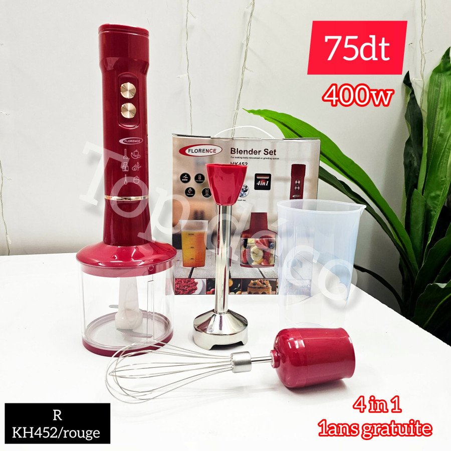 Mixeur plongeant rouge 4 en 1 Florence – modèle HK-452 (400 W)