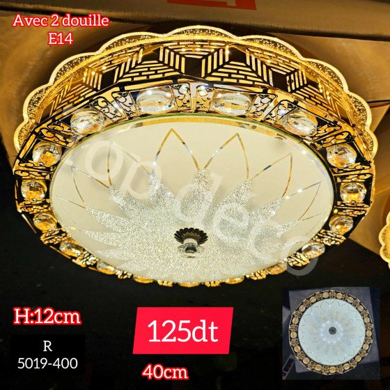 Plafonnier Cristal Doré Ø40 cm – 2 Douilles E14 (Réf. 5019-400)