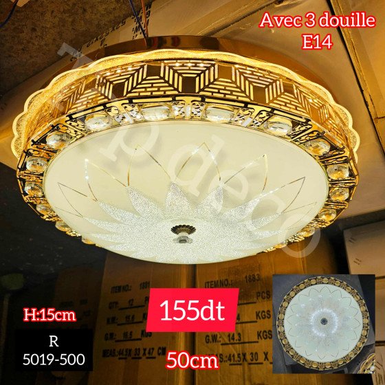 Plafonnier Cristal Doré Ø50 cm – 3 Douilles E14 (Réf. 5019-500)
