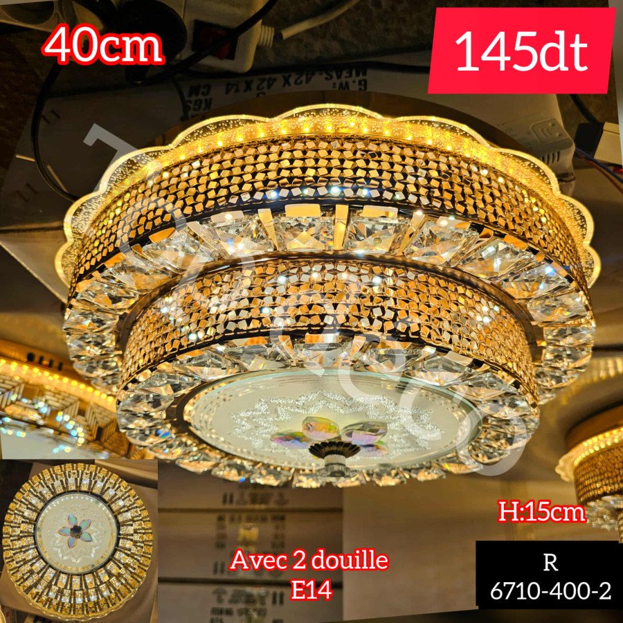 Plafonnier Cristal Doré Ø40 cm – 2 Douilles E14 (Réf. 6710-400-2)