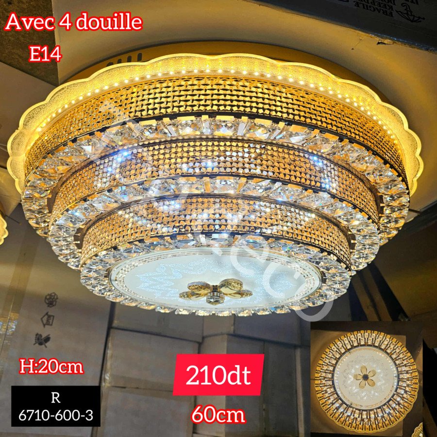Plafonnier Cristal Doré Ø60 cm – 4 Douilles E14 (Réf. 6710-600-3)