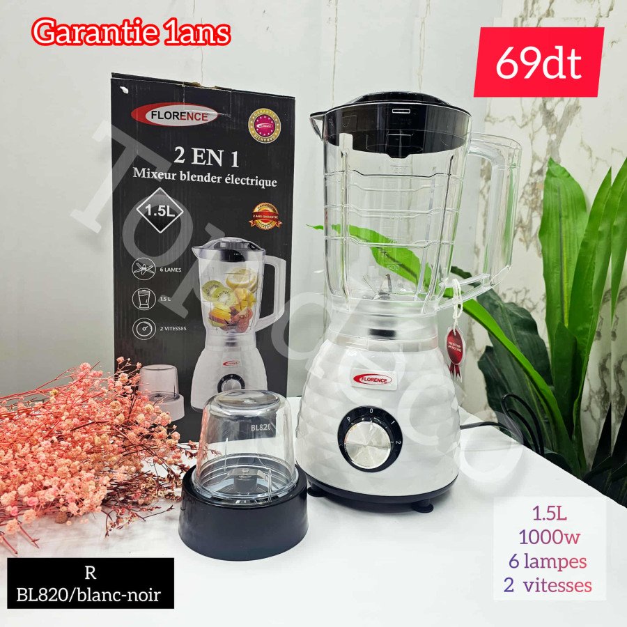 Blender Florence 2 en 1 – 1000W / 1.5L – 6 Lames Inox (Blanc & Noir)