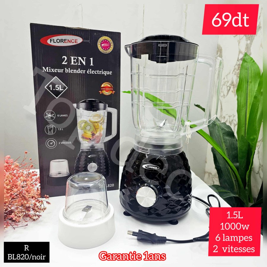 Blender Florence 2 en 1 – 1000W / 1.5L – 6 Lames Inox (Noir Édition)