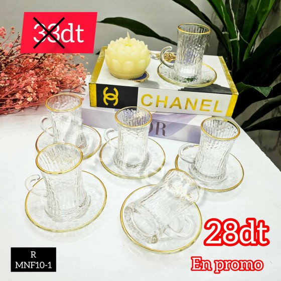 Service à thé en verre Delisoga – 6 tasses avec soucoupes dorées