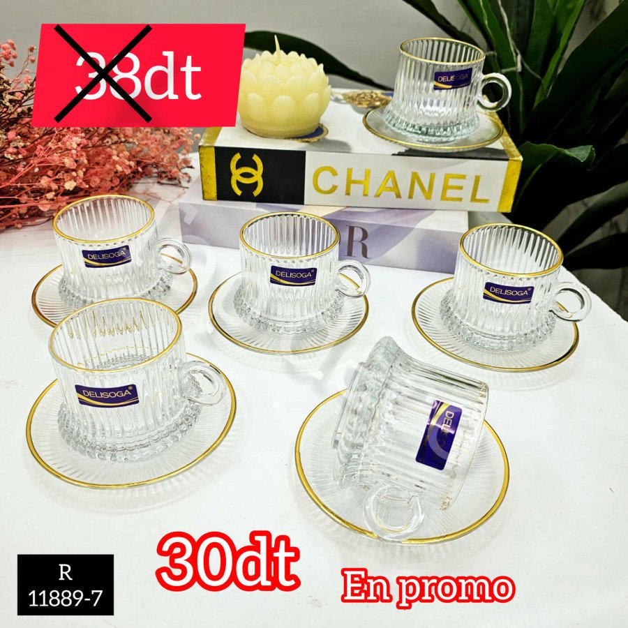 Service à café en verre Delisoga – 6 tasses avec soucoupes dorées