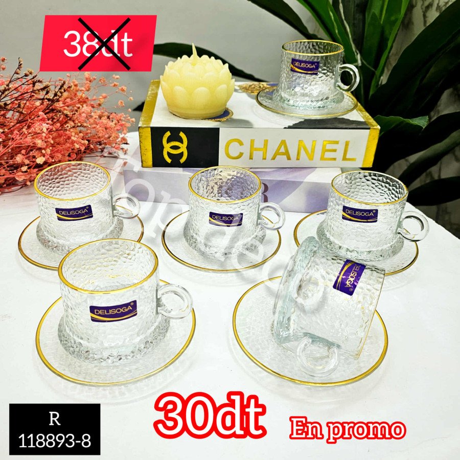 Service à café en verre Delisoga – 6 tasses avec soucoupes dorées