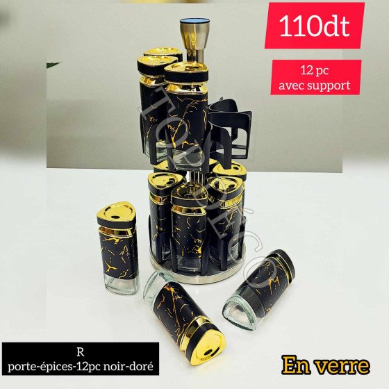 Porte-épices-12pc noir-doré – noir marbré et doré