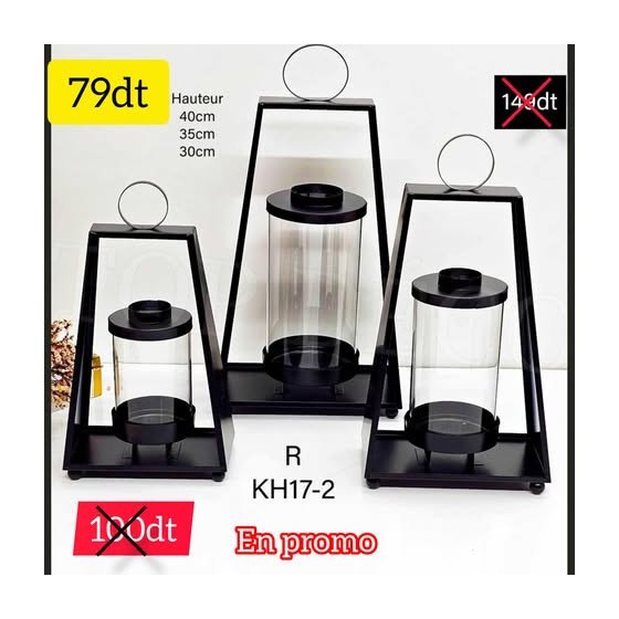 Lot de 3 Lanternes Noires en Métal Inoxydable KH17-2