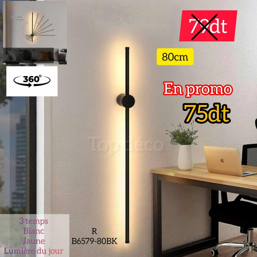 Applique Murale LED 80cm Noir   – Métal & Acrylique B6579-80BK