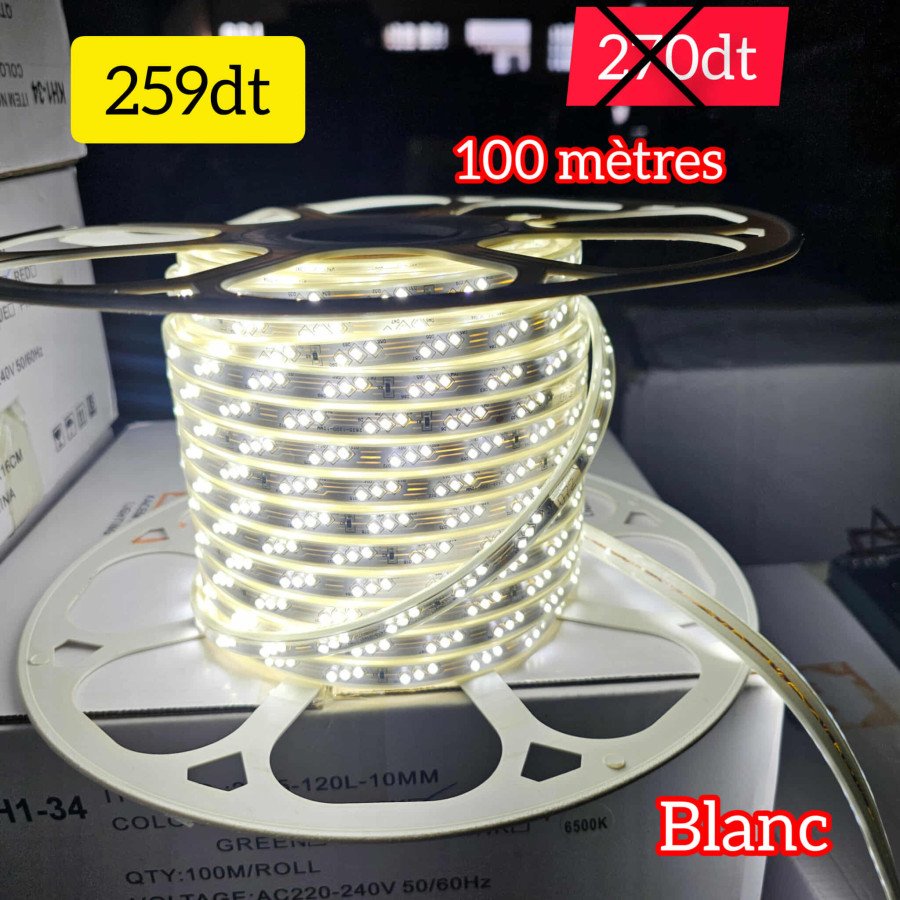 Bobine LED 100 mètres – 3 Chips – Blanc 6500+ 10 fiches