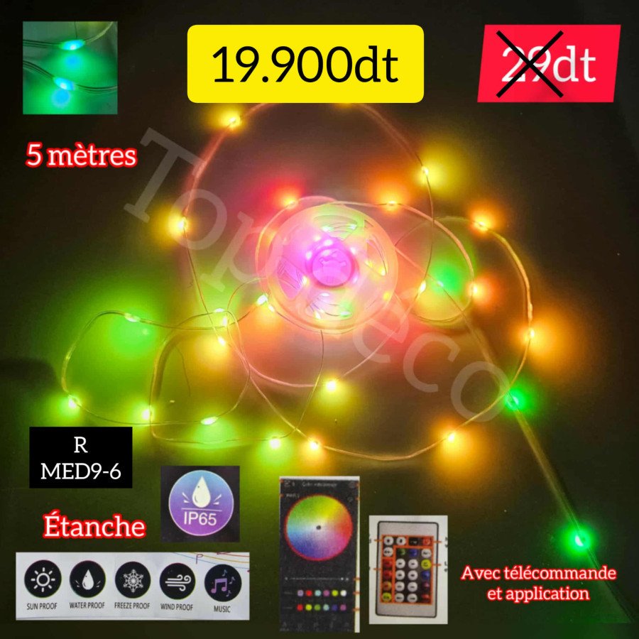 Guirlande lumineuse LED USB 5 V 5 m 50 LED avec télécommande et application extérieur intérieur