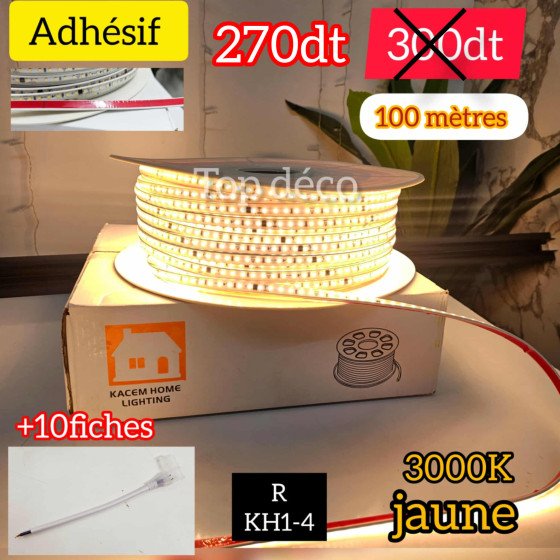 Bande LED Adhésive – 100 mètres – 3000K Jaune – avec 10 fiches