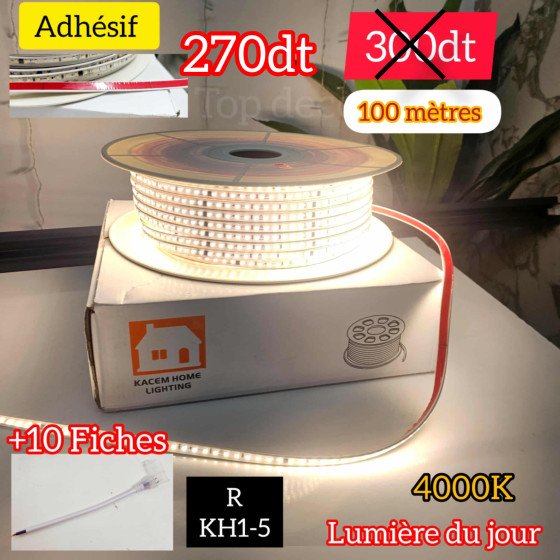 Bande LED Adhésive – 100 mètres – 4000k lumière du jour – avec 10 fiches