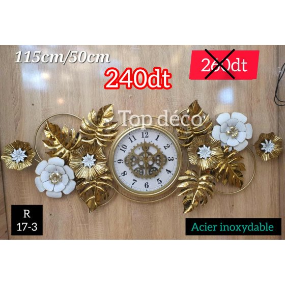 Horloge murale florale dorée en acier inoxydable – 115×50 cm 17-3