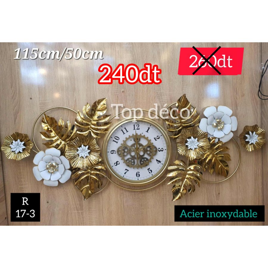Horloge murale florale dorée en acier inoxydable – 115×50 cm 17-3
